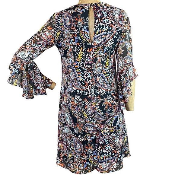 Calvin Klein Paisley/Floral Chiffon Shift Dress Ruffle Bell Sleeves Sz 2 #311M - Picture 4 of 8